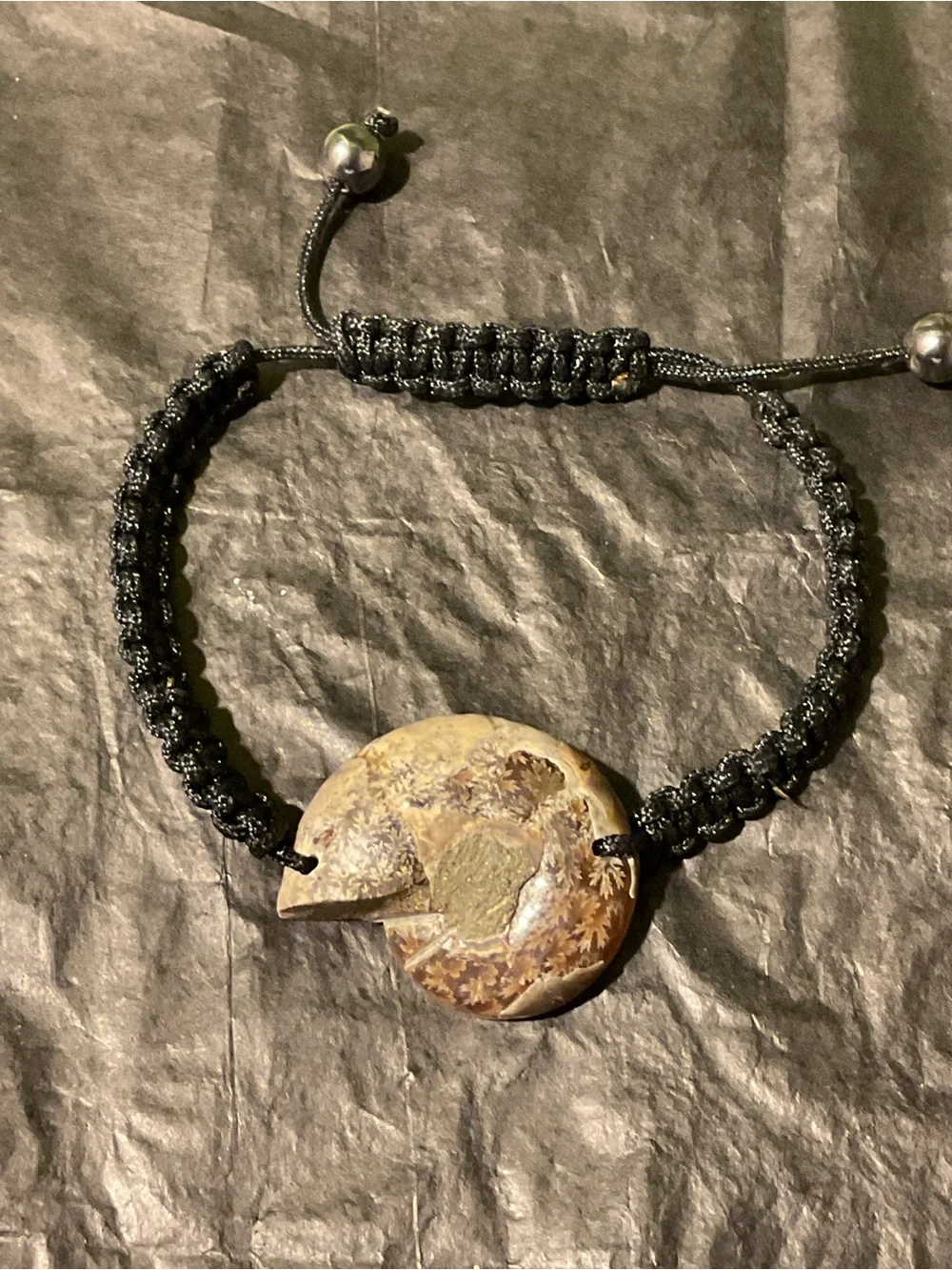 Handmade Black Macrame Bracelet with Brown Fossil Stone Pendant-Unisex